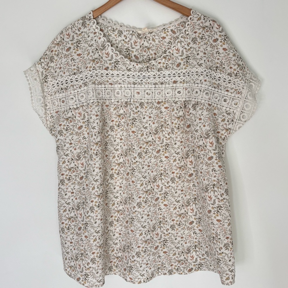 Flower & Feathers Dainty Floral Lace Trim Blouse Size 2XL Boho Cottagecore